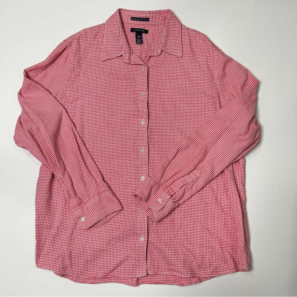Lands' End Women’s Red Houndstooth Portuguese Flannel Button Down Shirt XL 18-20